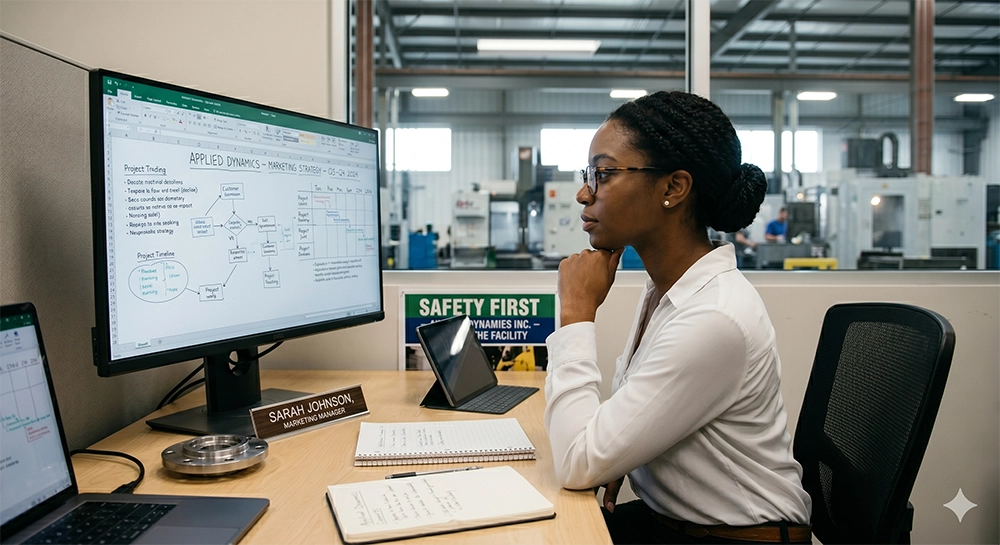 Marketer reviewing brand guidelines at their desk