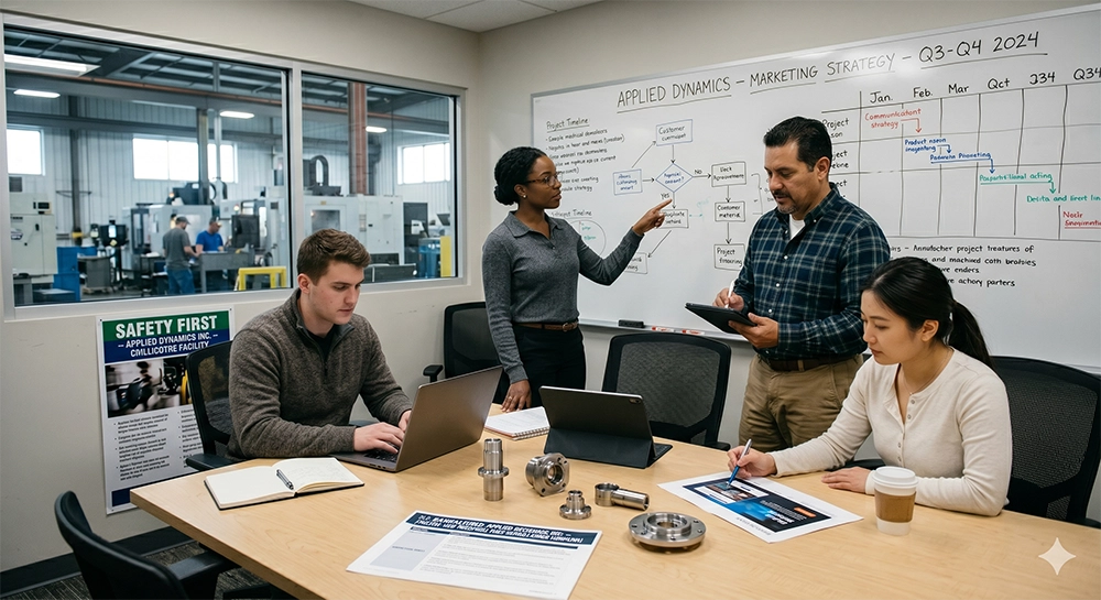 Writer working on copy at a laptop in a bright workspace
